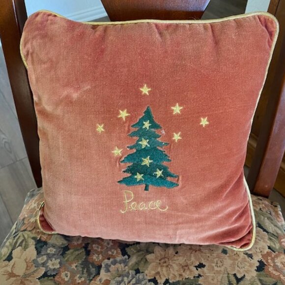 Vintage WINE VELVET PILLOW w GOLD EDGE * GREEN Embroidered TREE * GOLD "Peace" - Picture 1 of 7